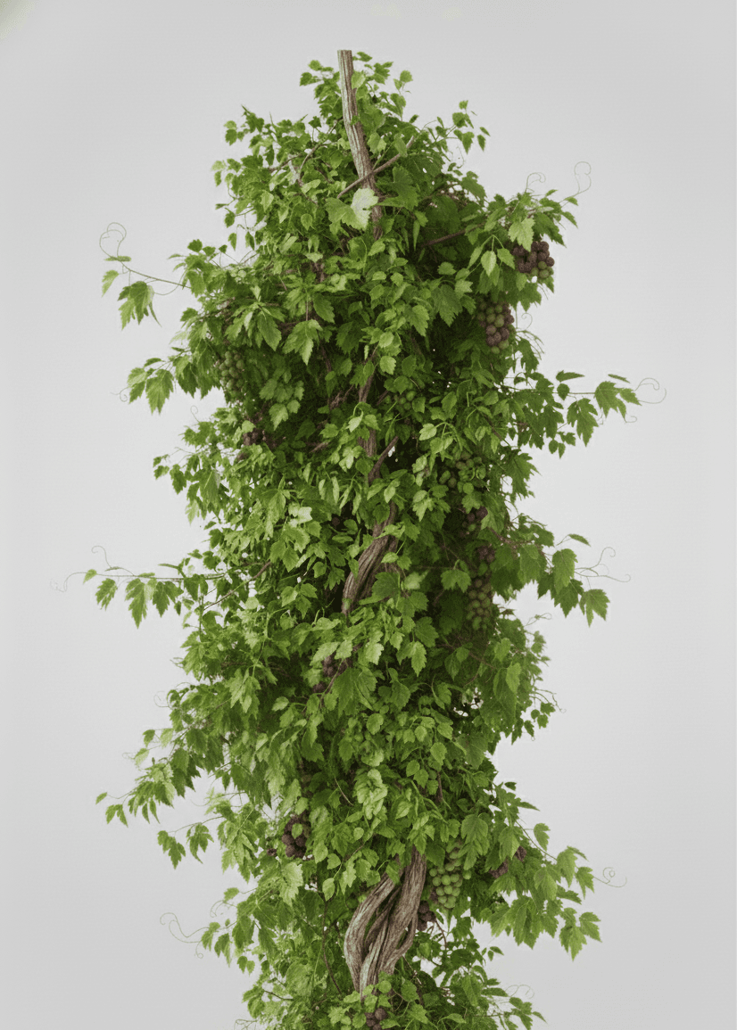 Grape vines growing vertically with clusters of grapes